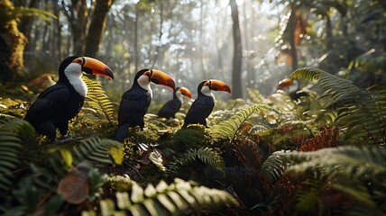 Group of Toucans Perched Among Lush Foliage, Their Brightly Colored Bills Standing Out Against the Greenery


 - obrazy, fototapety, plakaty