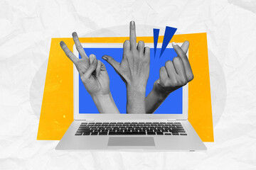 Composite photo collage of macbook screensaver hands show gesture korean love victory two rude abuse fingers isolated on painted background