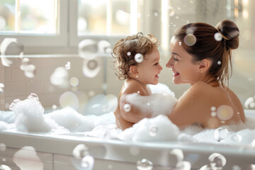 Caucasian mother bathing together with baby toddler. Cosy bathroom with natural light, mom and child playing with foam, happy and playful atmosphere. Hygiene for children, childcare. Daily routine