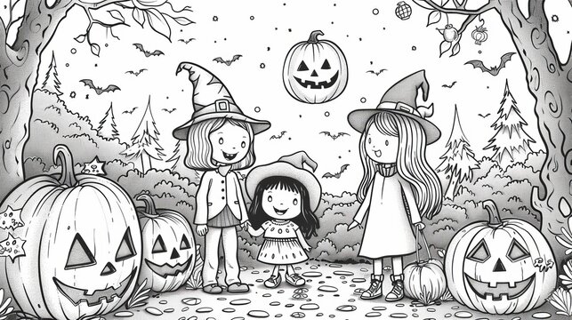 People: A coloring book page featuring a group of kids in costumes trick-or-treating on Halloween night