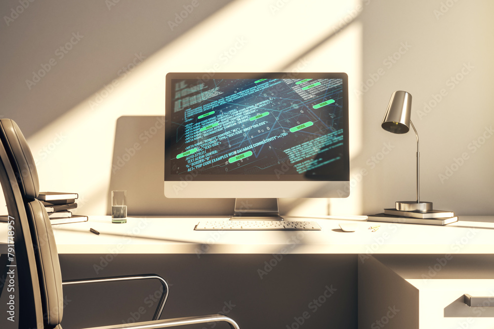 Poster Abstract creative coding illustration on modern computer monitor, software development concept. 3D Rendering