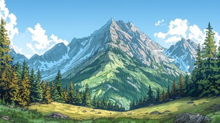 Fototapeta premium Place: A coloring book illustration of a majestic mountain peak