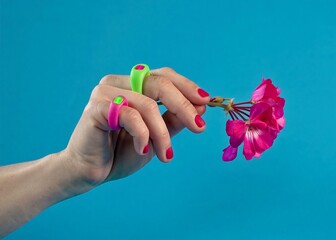 a woman's hand with a bright short purple manicure and two stylish bright colored rings holding a purple flower on an azure background