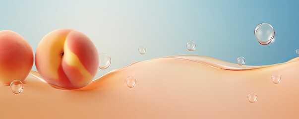 Peach bubble with water droplets on it, representing air and fluidity. Web banner with copy space for photo text or product, blank empty copyspace