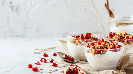 Yogurt with pomegranate and muesli on a light background
