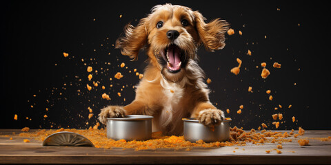 a dog with its mouth open and food in bowls