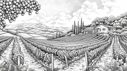 Place: A picturesque coloring book illustration of a vineyard