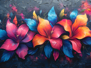 Blue, yellow and pink flowers drawn in graffiti style on a dark background.