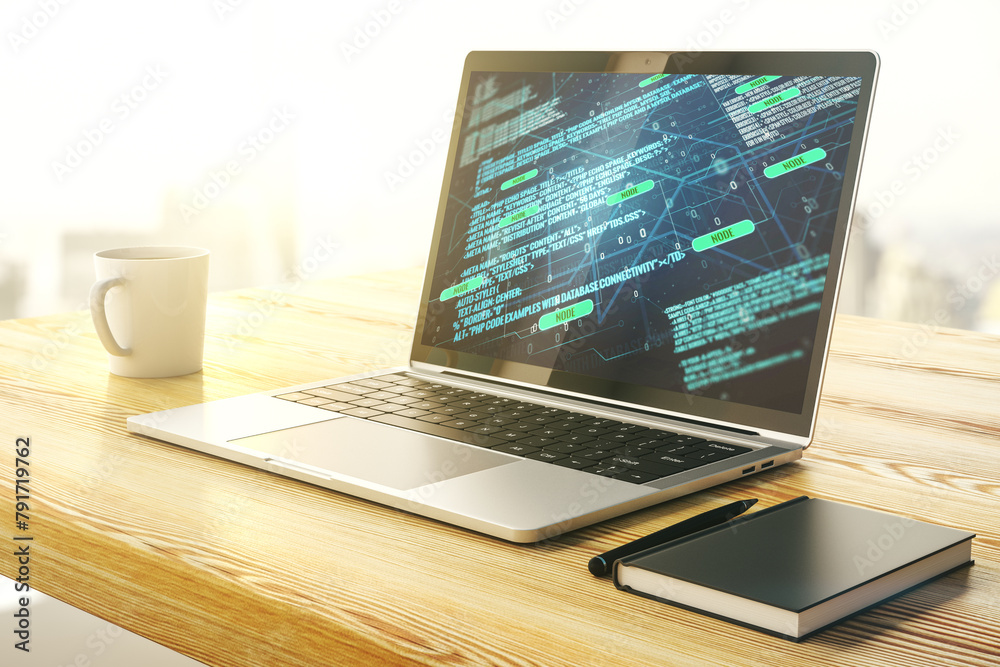 Fototapete modern computer screen with abstract graphic coding sketch, big data and networking concept. 3d rend