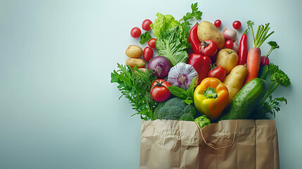 Delivery healthy food background, Healthy vegan vegetarian food in paper bag vegetables and fruits...