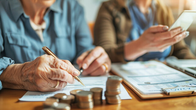 A close up of an elderly woman's hands holding a pen and writing on a document while a younger woman looks over her shoulder and uses a calculator.