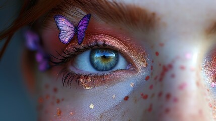 beautiful eyes make up, woman wearing glitter glow eyeshadows with butterfly , Generative Ai - obrazy, fototapety, plakaty