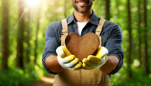 Manual worker with protective work gloves (cupped hands), holding a brown wooden heart in a green forest. Sustainable resources and environmental conservation concept. Generative Ai.