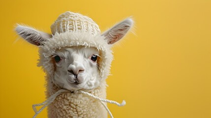 Delighted Baby Alpaca Donning Adorable Bonnet with Alpaca Ears Against Vivid Yellow Background