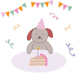 Dog Happy Birthday celebration template. Cute puppy with cake in cartoon style