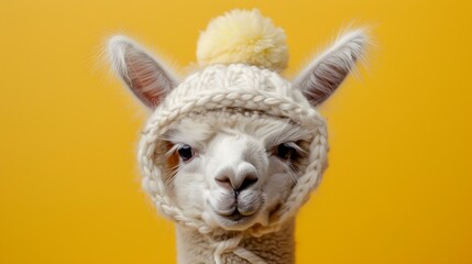 Fototapeta premium Delightful Alpaca in Cozy Bonnet on Vibrant Yellow Background