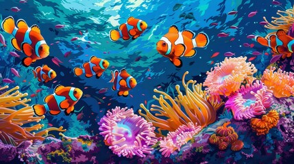 Underwater: A coloring book page depicting a school of clownfish swimming around a waving sea anemone