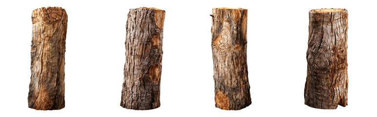 Standing wood log slice tree bark set collections, isolated on transparent background