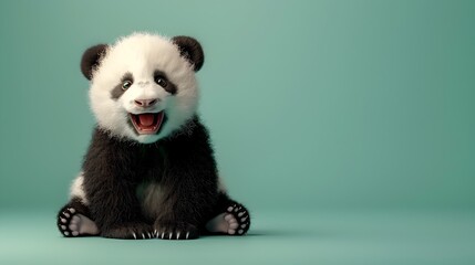 Adorable Baby Panda in Cute Outfit Smiling Happily on Plain Green Background with Soft Lighting