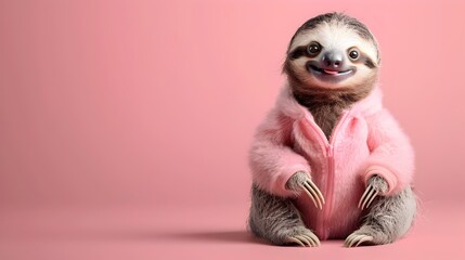 Delightful Baby Sloth Smiling in Cozy Outfit on Vibrant Pink Background