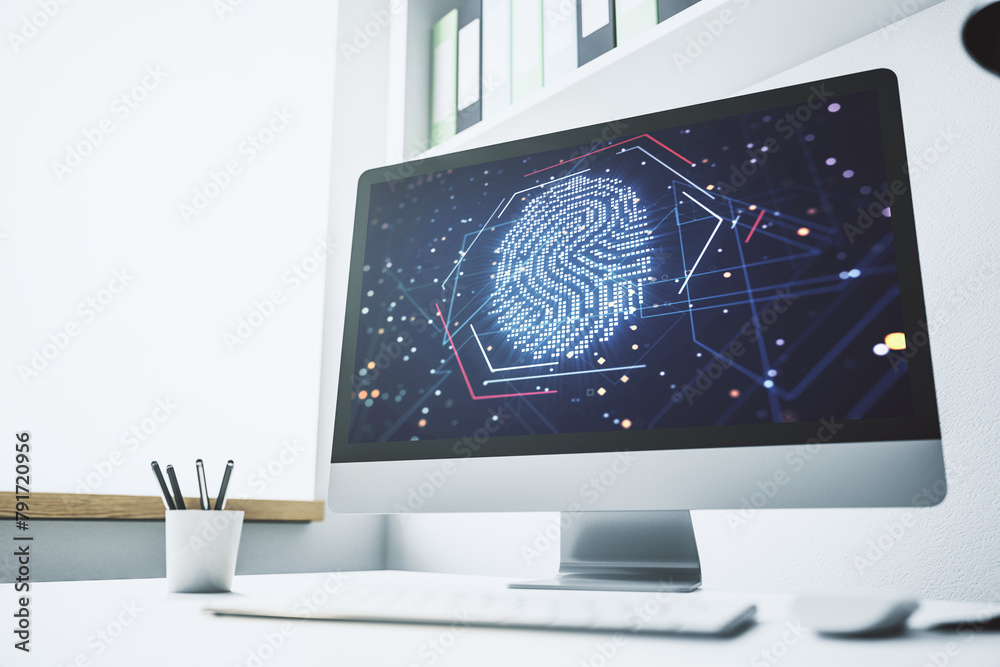 Poster abstract creative fingerprint illustration on modern laptop monitor, digital access concept. 3d rend