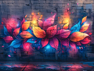 Blue, yellow and pink flowers drawn in graffiti style on a dark background.