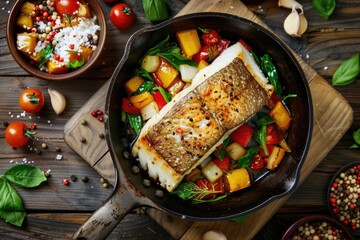 A pan filled with fish and vegetables on a wooden table. Ideal for cooking or healthy eating...
