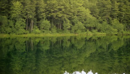 A serene forest lake reflecting the surrounding tr