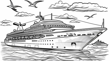 Vehicles: A coloring book page featuring a long, sleek cruise ship sailing on the ocean, with seagulls flying overhead