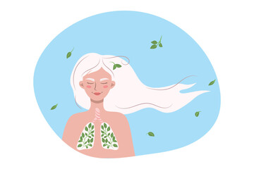 Obraz na płótnie Canvas illustration of a happy woman with white hair and green leaves on her lungs. Concept of ecology, clean air, lung health. vector illustration