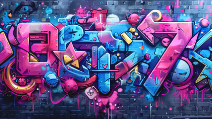 Abstract graffiti with retro video game elements, blue purple palette.