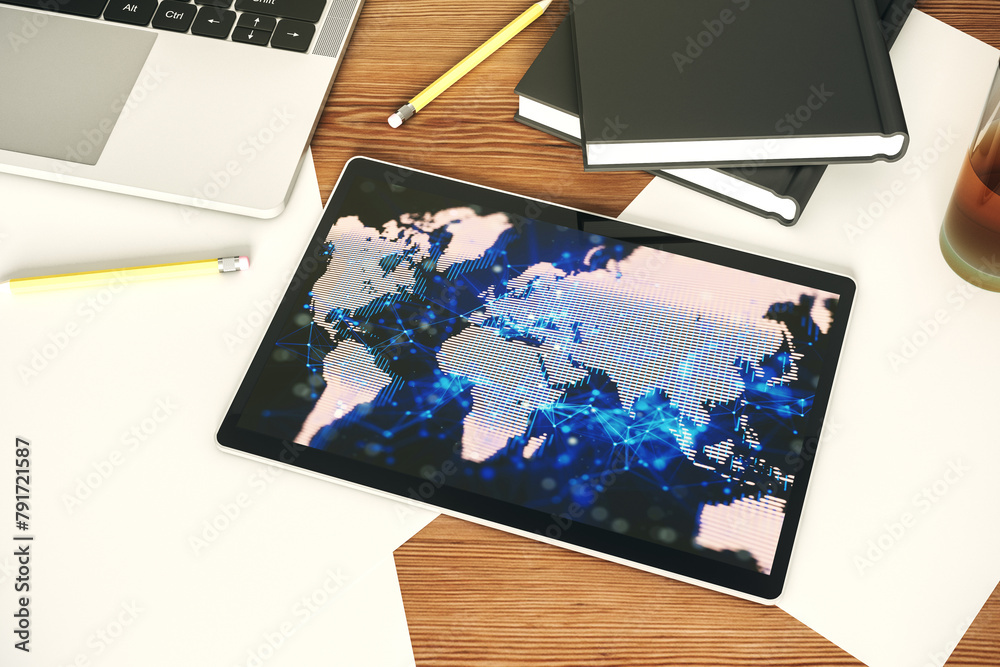 Leinwandbilder modern digital tablet display with abstract creative world map, research and analytics concept. top 