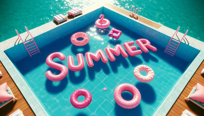 With blue water with the word summer, summer season background, vacation concept