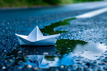 A paper boat in a puddle among the reflection of the sky and clouds. Childhood concept.