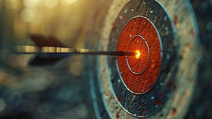 Concept illustration of a key shaped like a red dart hitting a target center, symbolizing achieving business goals through strategic marketing