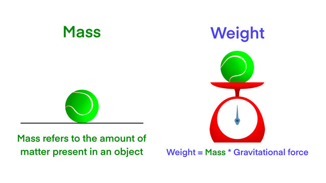 Difference between mass and weight, Mass is the total amount of matter in an object, Weight is the force of gravity on an object, Weight is a measurement of the gravitational force on an object