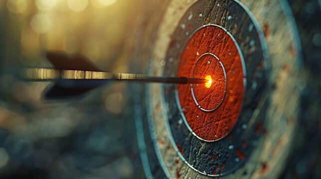 Concept illustration of a key shaped like a red dart hitting a target center, symbolizing achieving business goals through strategic marketing