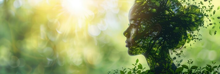 Earth Day banner featuring a woman's visage in a scene of verdant forests. Generative Ai. - obrazy, fototapety, plakaty