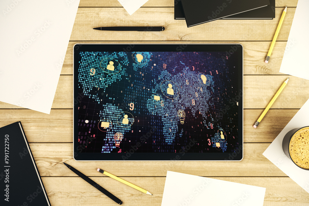 Poster top view of modern digital tablet screen with social network icons concept and world map. networking