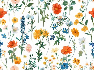Seamless pattern of colorful flowers on a white background - obrazy, fototapety, plakaty
