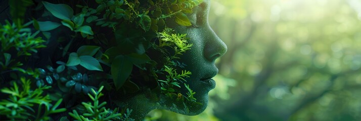 Earth Day banner featuring a woman's visage in a scene of verdant forests. Generative Ai.