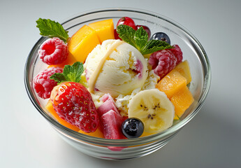 vibrant fruit salad with ice cream, chopped strawberries, kiwi, banana, mint and blueberries in a bowl