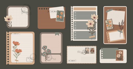 Vintage Aesthetic Scrapbook Envelopes and Notes Collection. Old Letters and Paper Sticky Note with Flowers