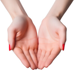 TWO EMPTY FEMALE HANDS CUPPED, Forming, Bowl shape, Palms, Isolated. Sample of 2 young woman palms forming a bowl.
