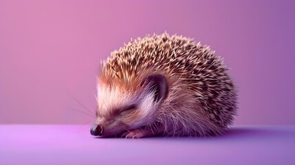Adorable Hedgehog Sleeping Peacefully on Vivid Purple Background in Surreal Studio