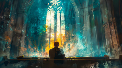 A man is sitting in a church with stained glass windows