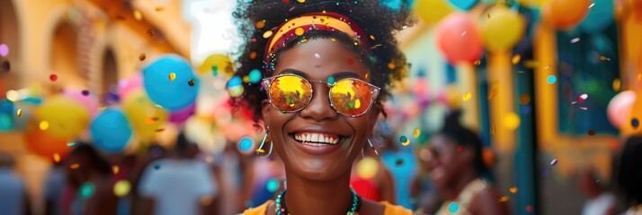 A joyful photograph of a smiling woman in a carnival street procession. Generative Ai.