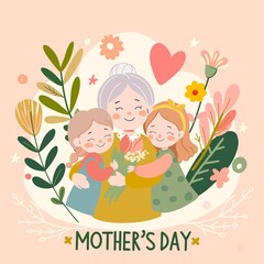 Happy Mother's Day - cute composition of cartoon flat elements in vintage color scheme. For banners, posters, cards, labels, stickers, advertising. Spring digital illustration.