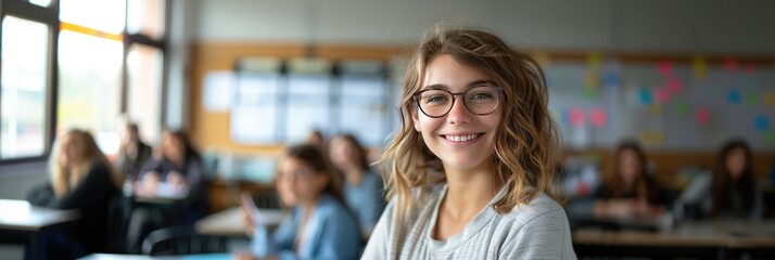 Smiling photograph of a Caucasian female high school teacher with a student in the classroom. Generative Ai.