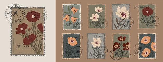Vintage Botanical Postage Stamp Collection. Old Mail Postmark with Flower Isolated on Transparent Background